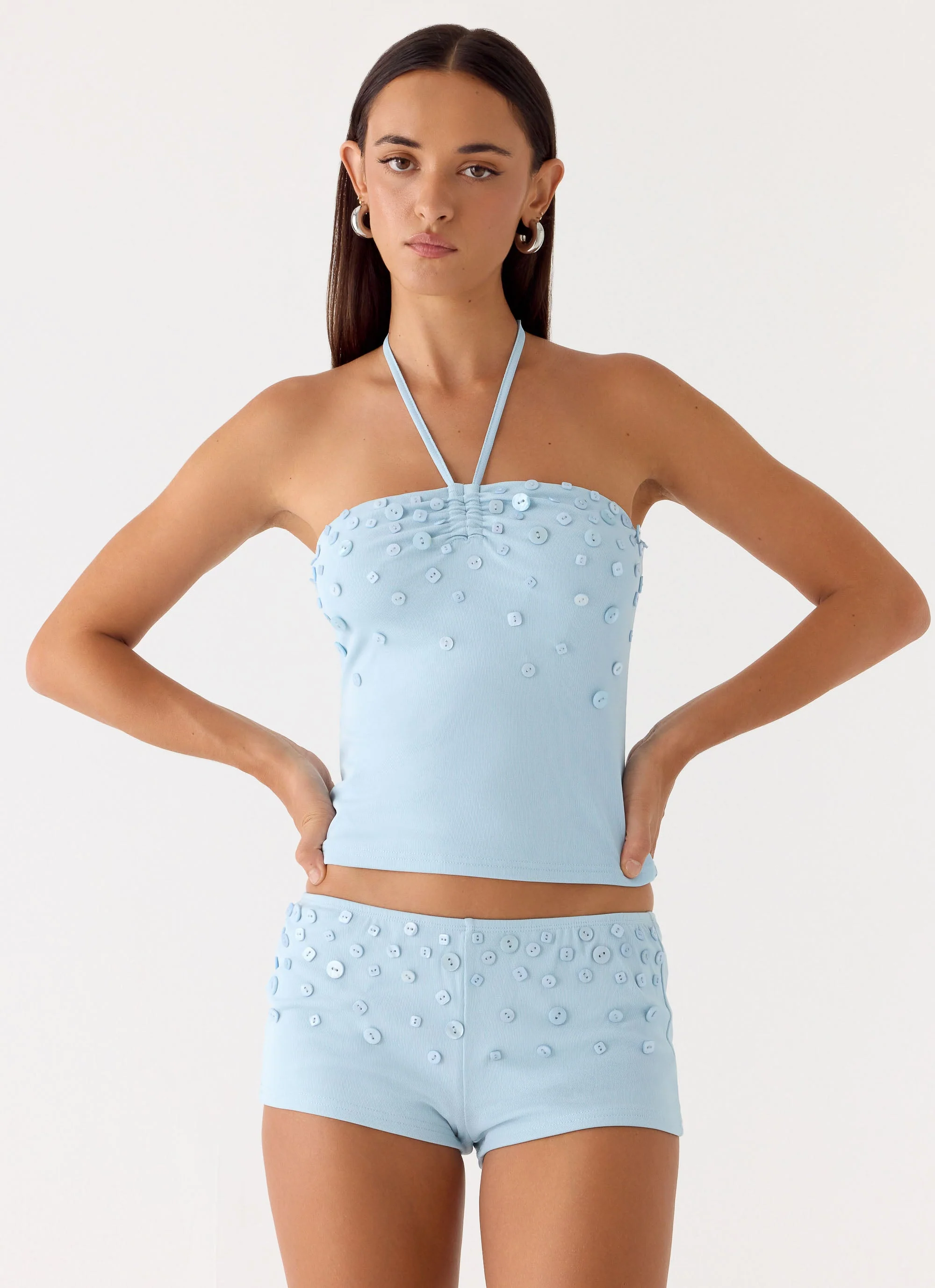 Bonita Button Mini Shorts - Pale Blue - Image 5