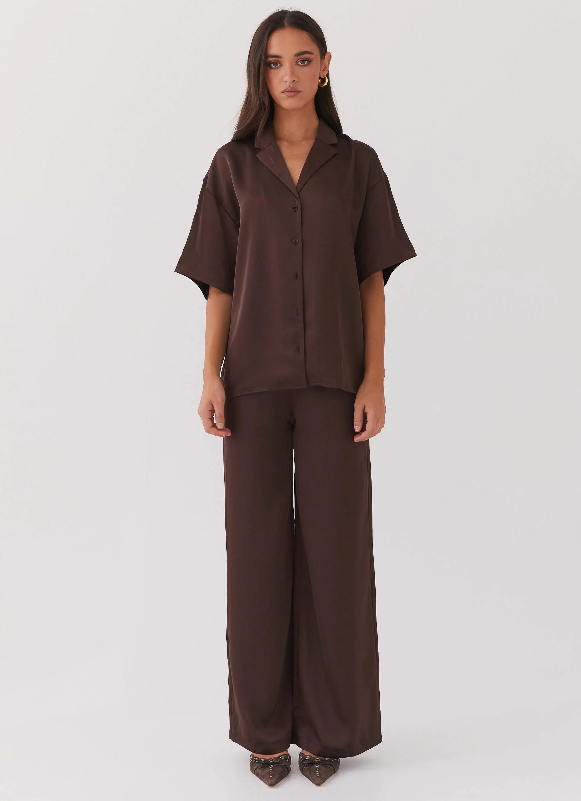 Palm Cove Satin Shirt - Chocolate - Image 2